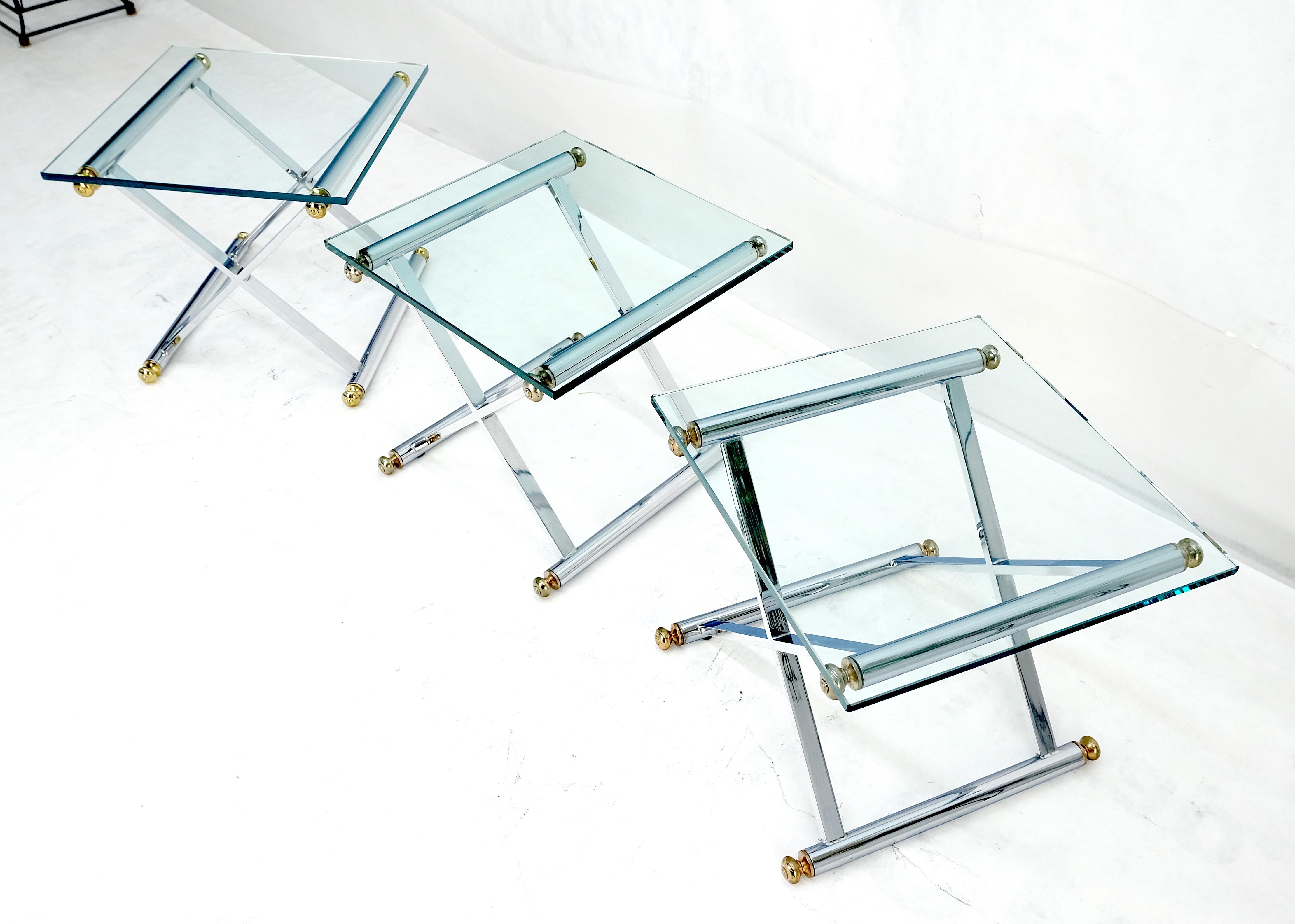 Set of 3 Chrome X Bases Square Glass Tops Occasional Side End Lamp Tables MINT For Sale 1