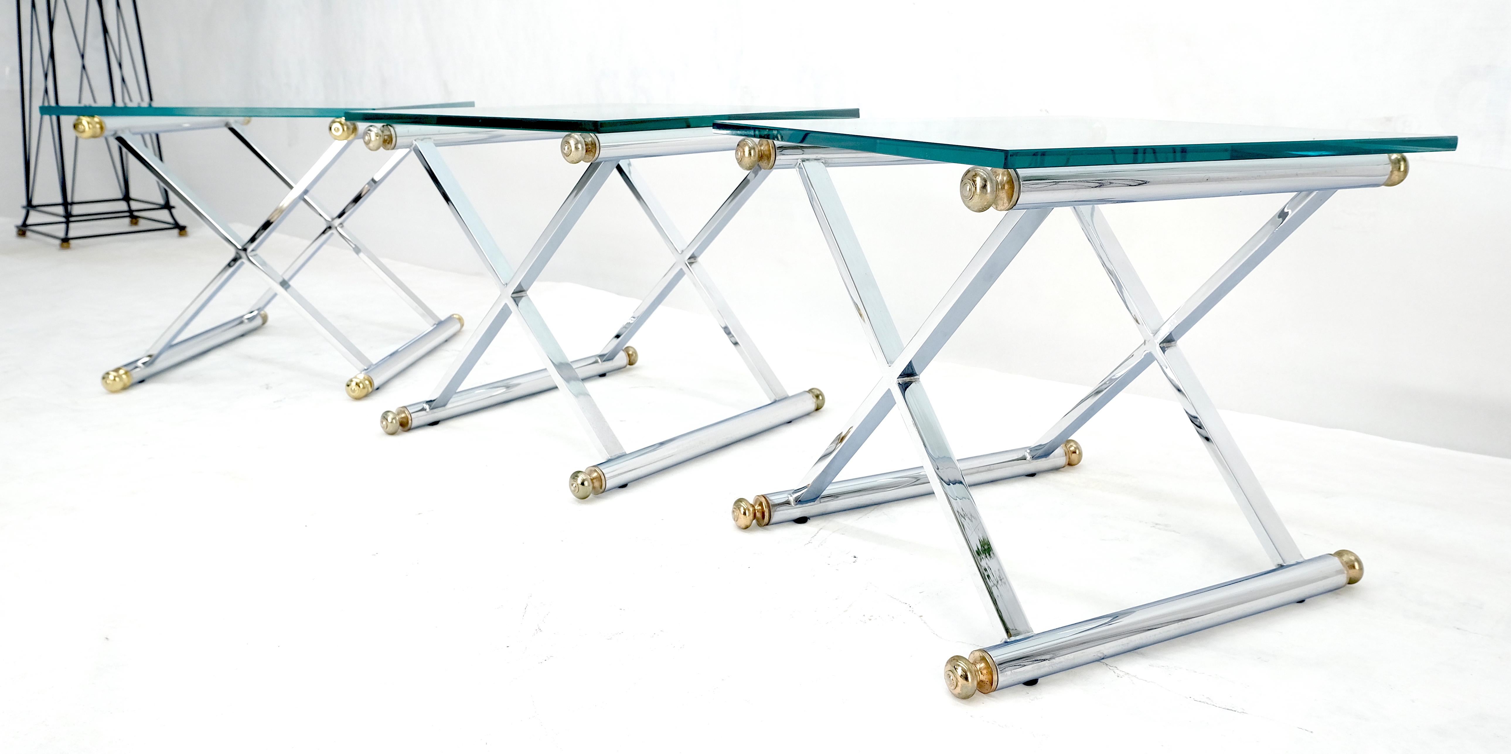 Set of 3 Chrome X Bases Square Glass Tops Occasional Side End Lamp Tables MINT For Sale 2