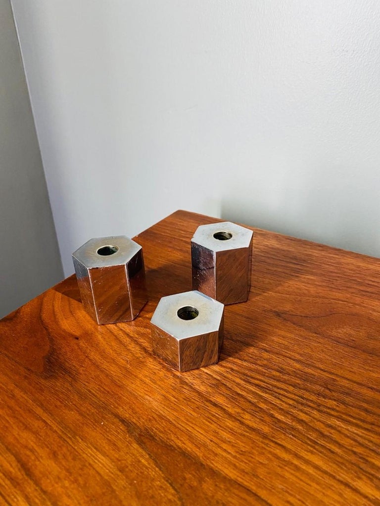 Set of 3 Chromed Metal Hexagon Candle Holders For Sale at 1stDibs