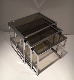 Set of 3 Chromed Nesting Tables with Smoked Glass Shelves, French Work, Circa 19