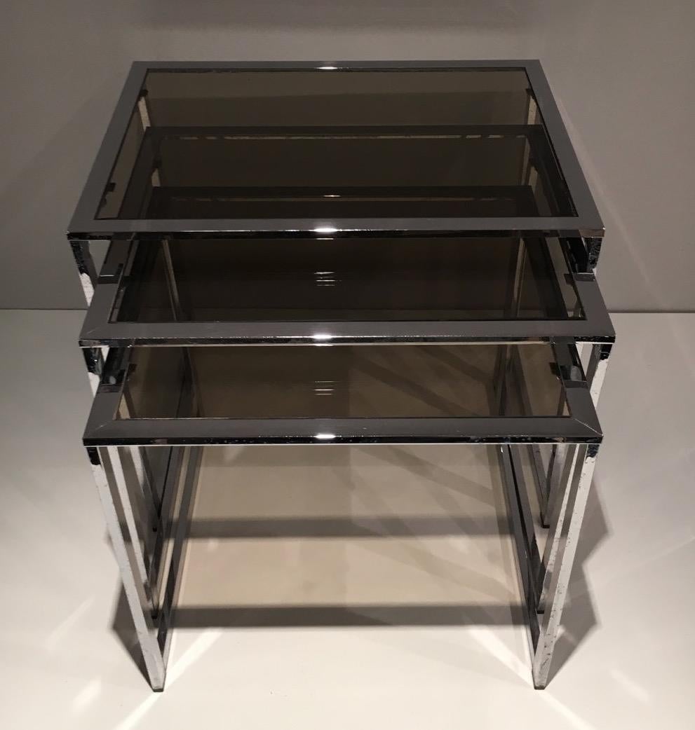 Bronzed Set of 3 Chromed Nesting Tables with Smoked Glass Shelves, French Work, Circa 19 For Sale