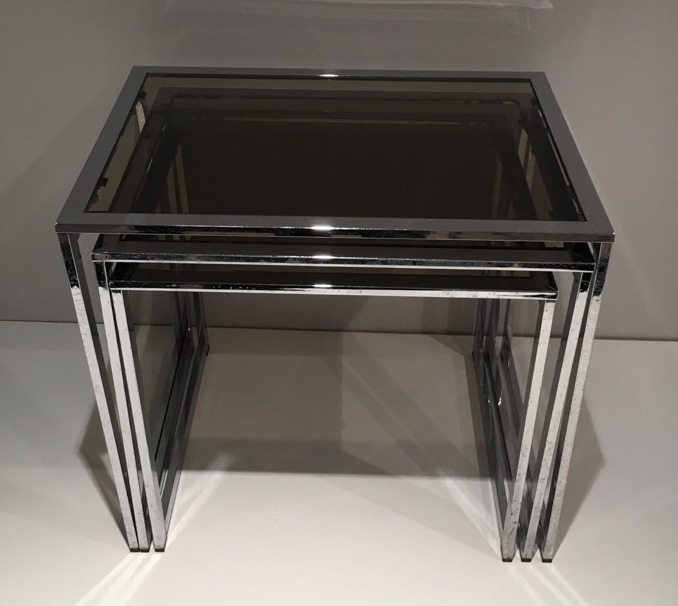 Late 20th Century Set of 3 Chromed Nesting Tables with Smoked Glass Shelves, French Work, Circa 19 For Sale