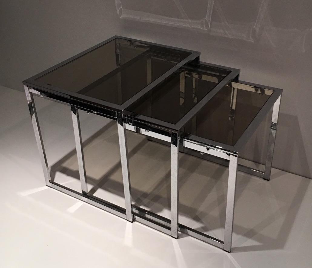 Set of 3 Chromed Nesting Tables with Smoked Glass Shelves, French Work, Circa 19 For Sale 3