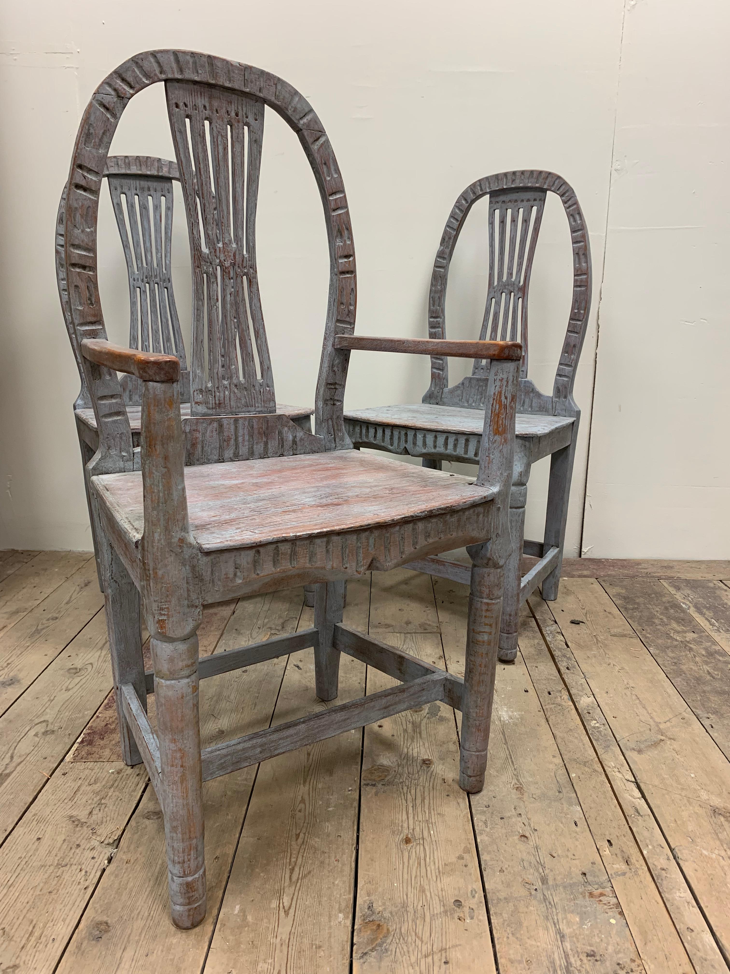Set of 3 Circa 19th Century Carved Painted Swedish Country House Folk Chairs  12