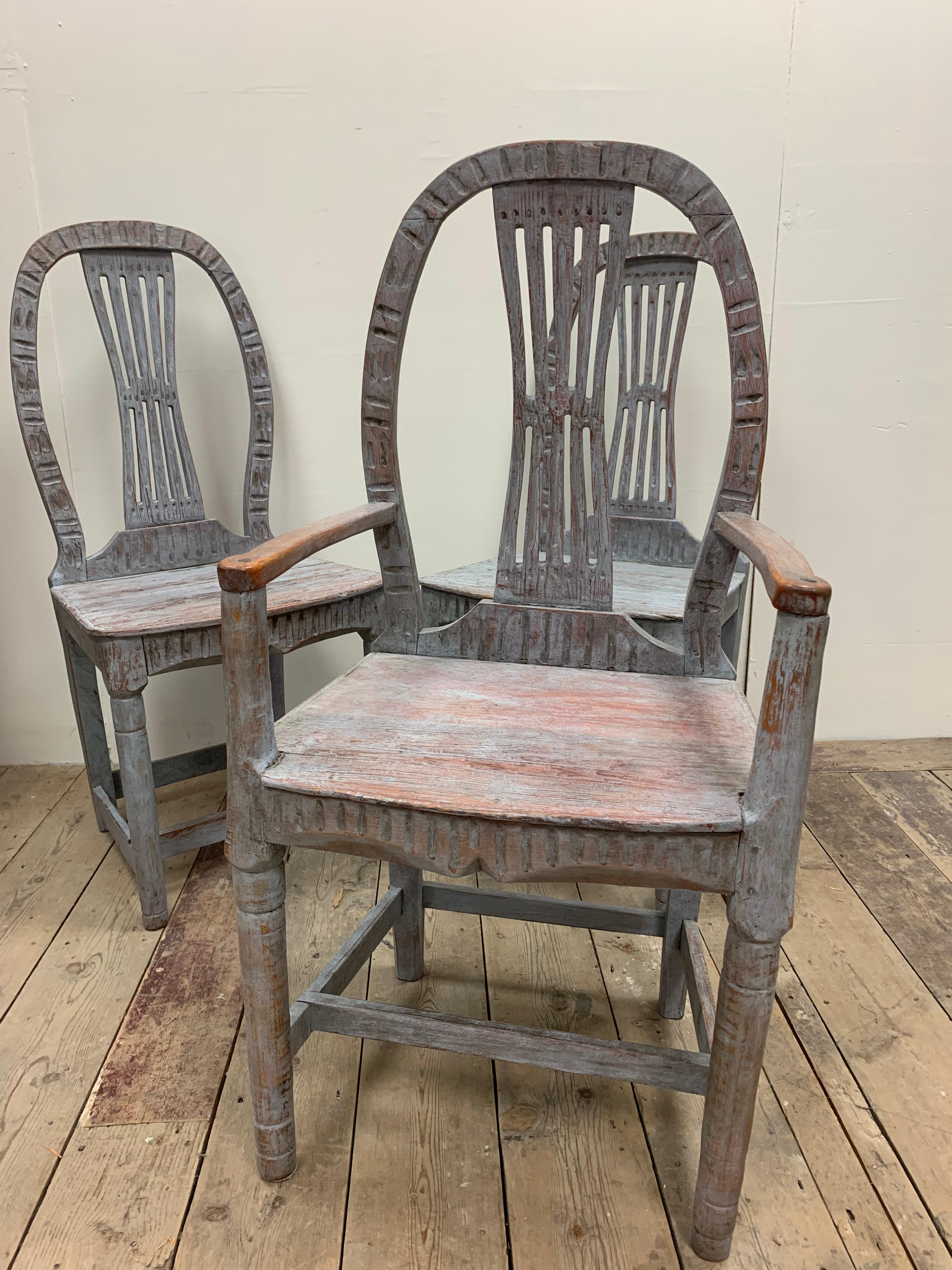 Set of 3 Circa 19th Century Carved Painted Swedish Country House Folk Chairs  13