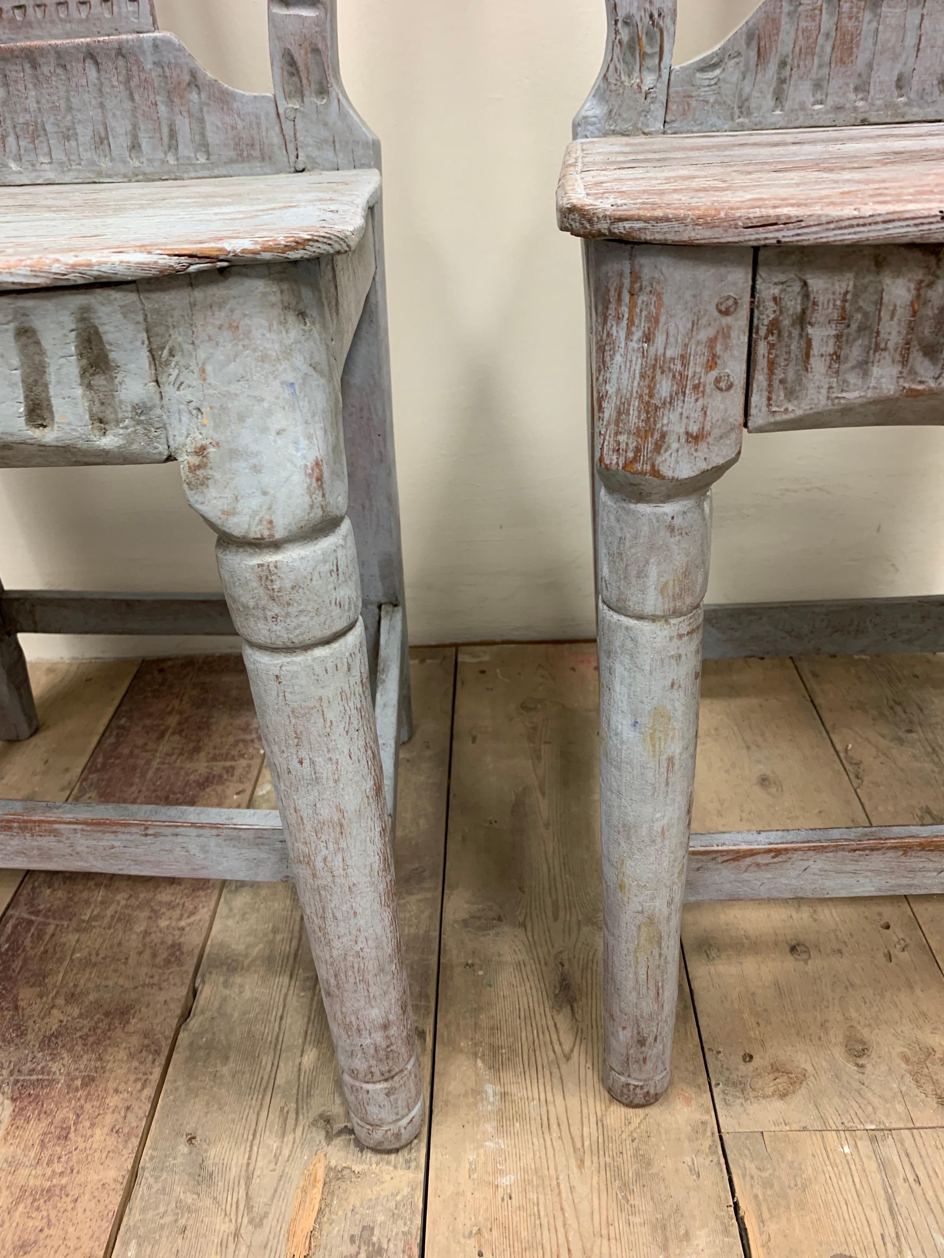 Pine Set of 3 Circa 19th Century Carved Painted Swedish Country House Folk Chairs 