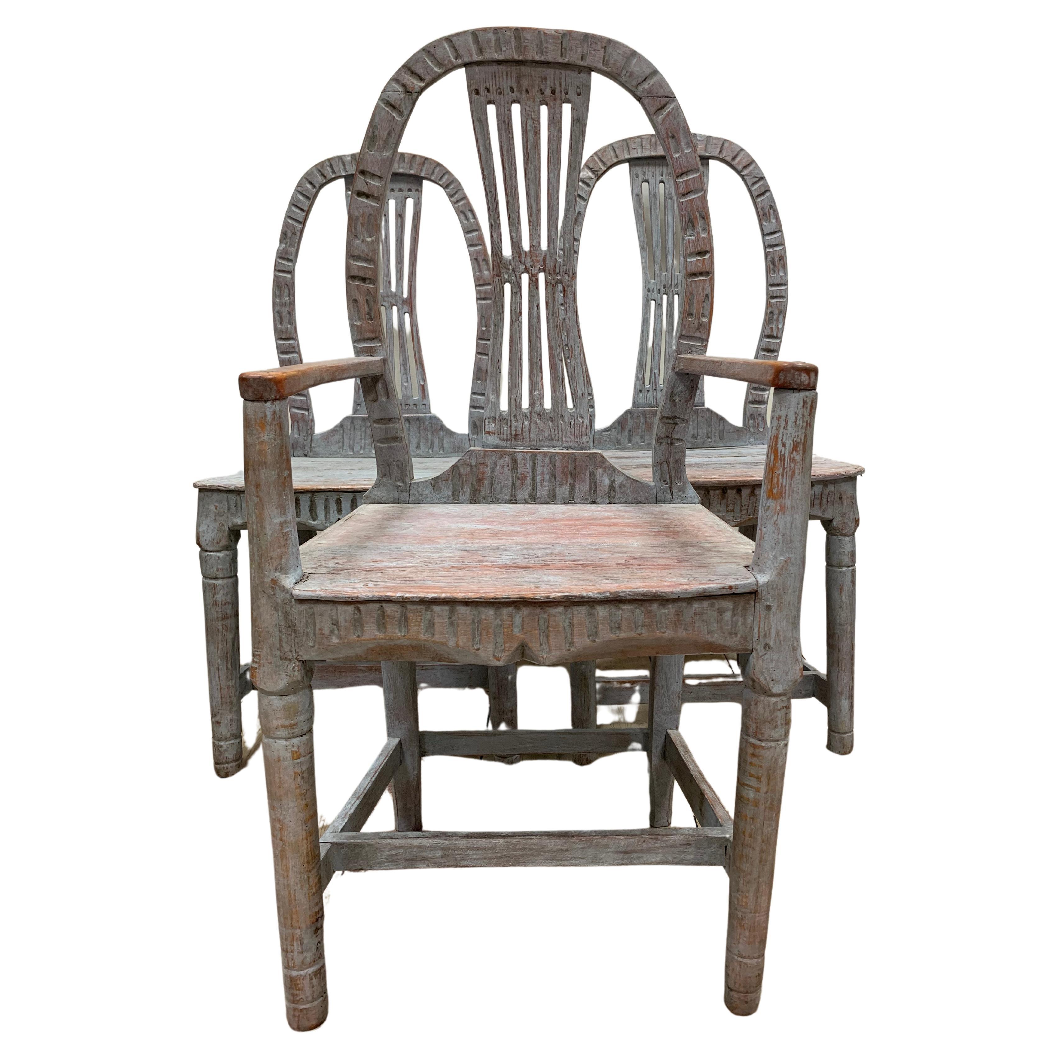 Set of 3 Circa 19th Century Carved Painted Swedish Country House Folk Chairs  For Sale