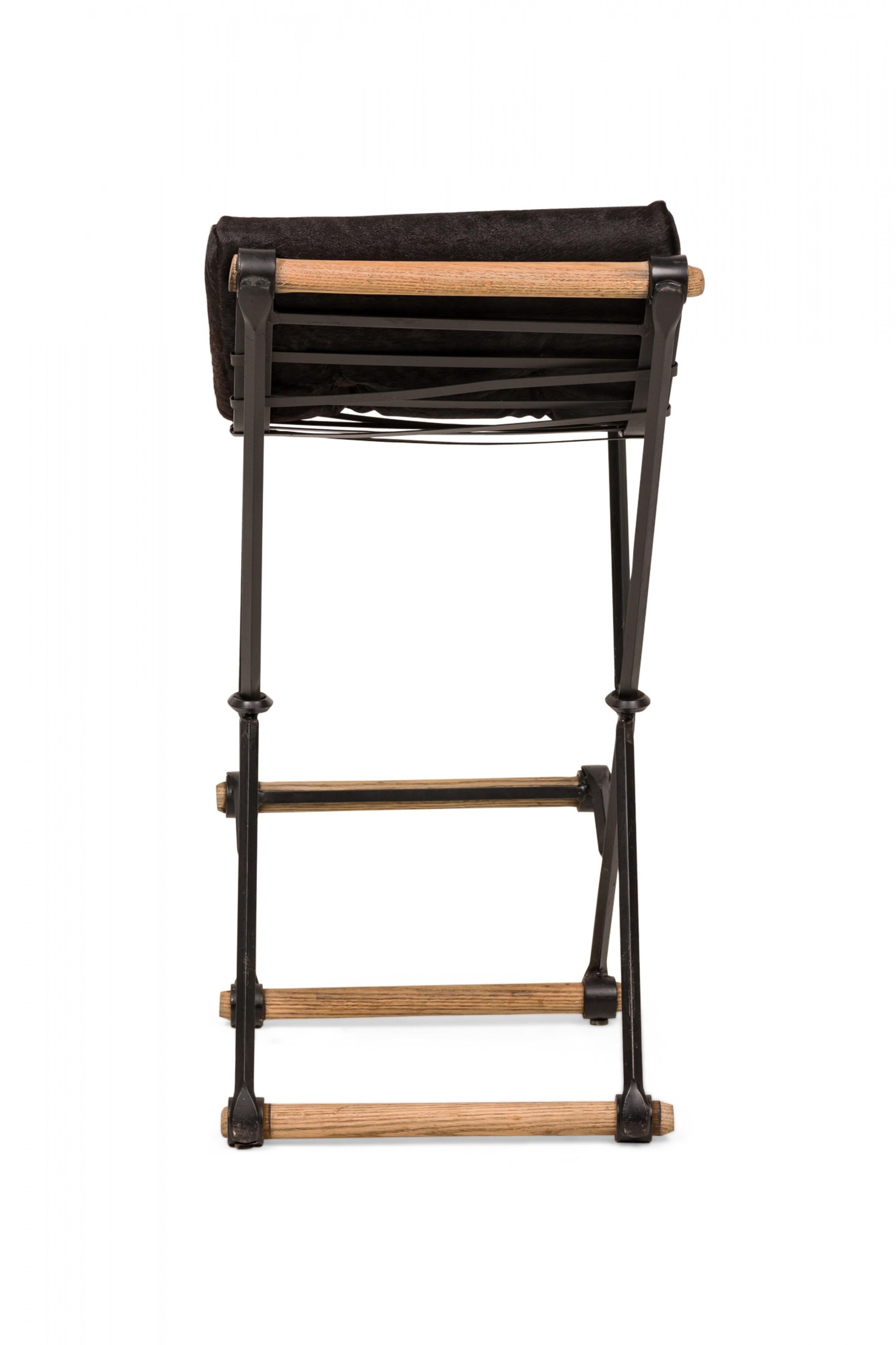 Hand-Crafted Set of 3 Cleo Baldon for Terra of California X-Frame Faux Cowhide Barstools For Sale