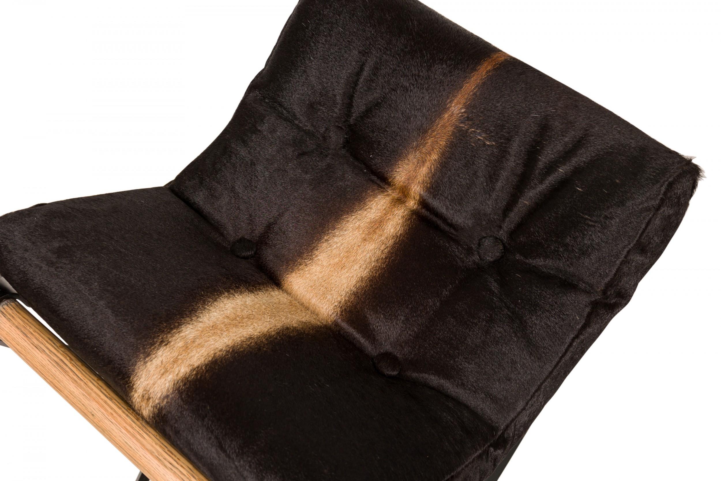 Oak Set of 3 Cleo Baldon for Terra of California X-Frame Faux Cowhide Barstools For Sale