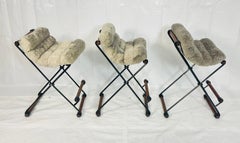 Set of 3 Cleo Baldon “Terra” Bar Stools, 1970s Architectural Iron & Sheepskin