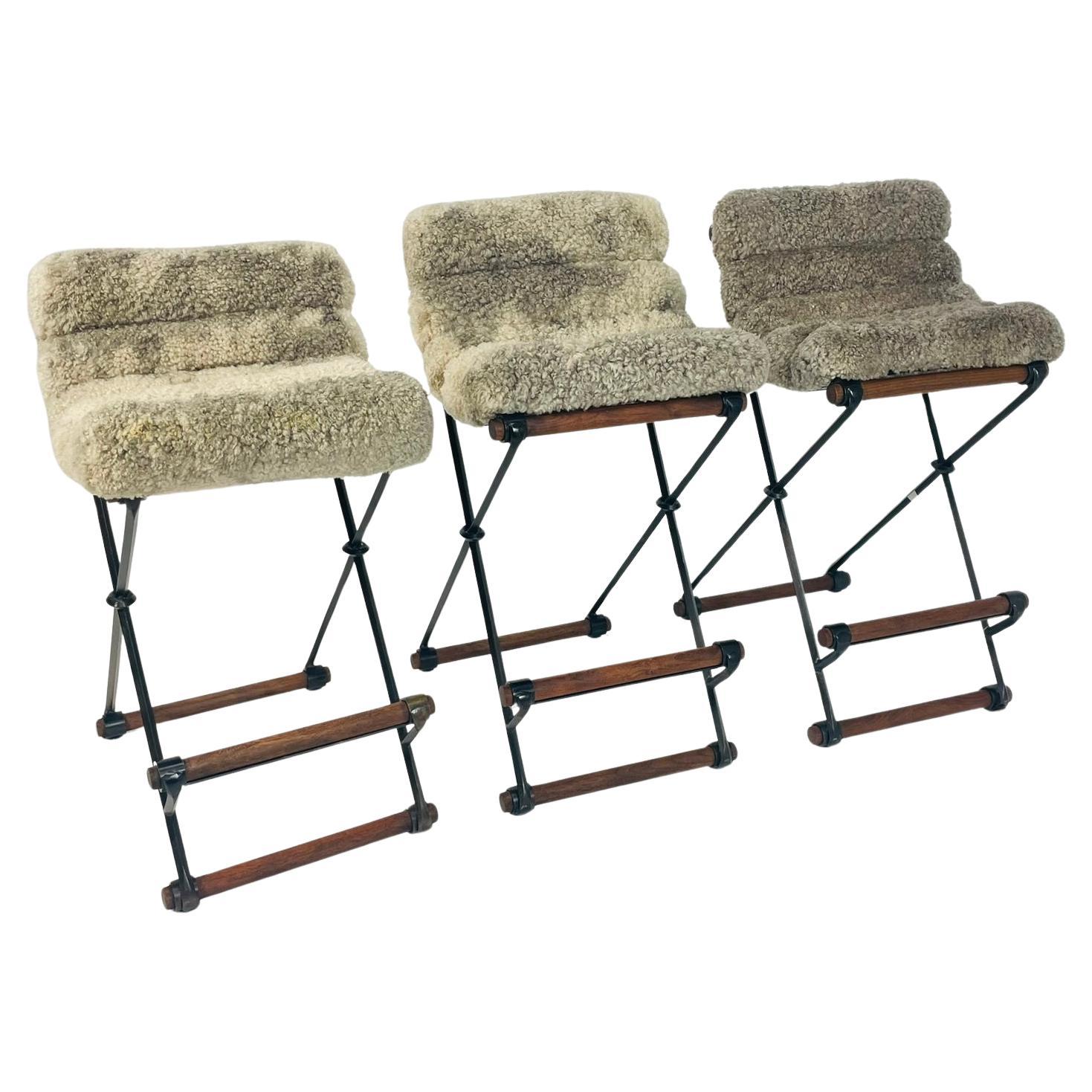 Pre-owned Terra Set Of 3 Cleo Baldon “” Bar Stools, 1970s Architectural Iron & Sheepskin In Brown