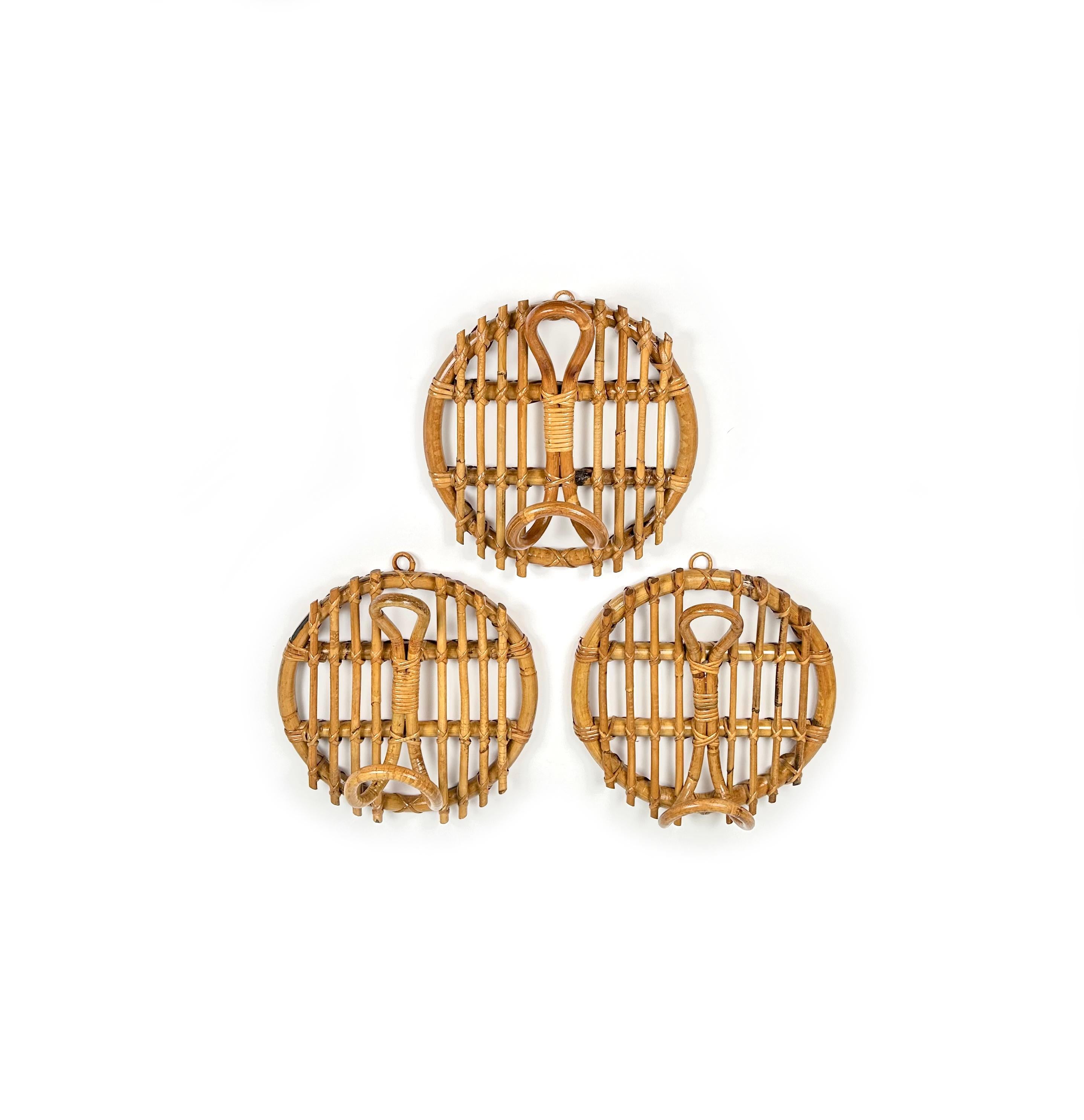 Mid-20th Century Set of 3 Coat Rack in Bamboo and Rattan Franco Albini Style, Italy, 1960s