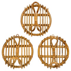 Set of 3 Coat Rack in Bamboo and Rattan Franco Albini Style, Italy, 1960s
