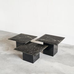 Set of 3 Coffee or Nesting Tables in Black Marble and Black Lacquer 1970s