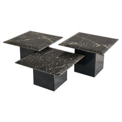 Antique Set of 3 Coffee or Nesting Tables in Black Marble and Black Lacquer 1970s