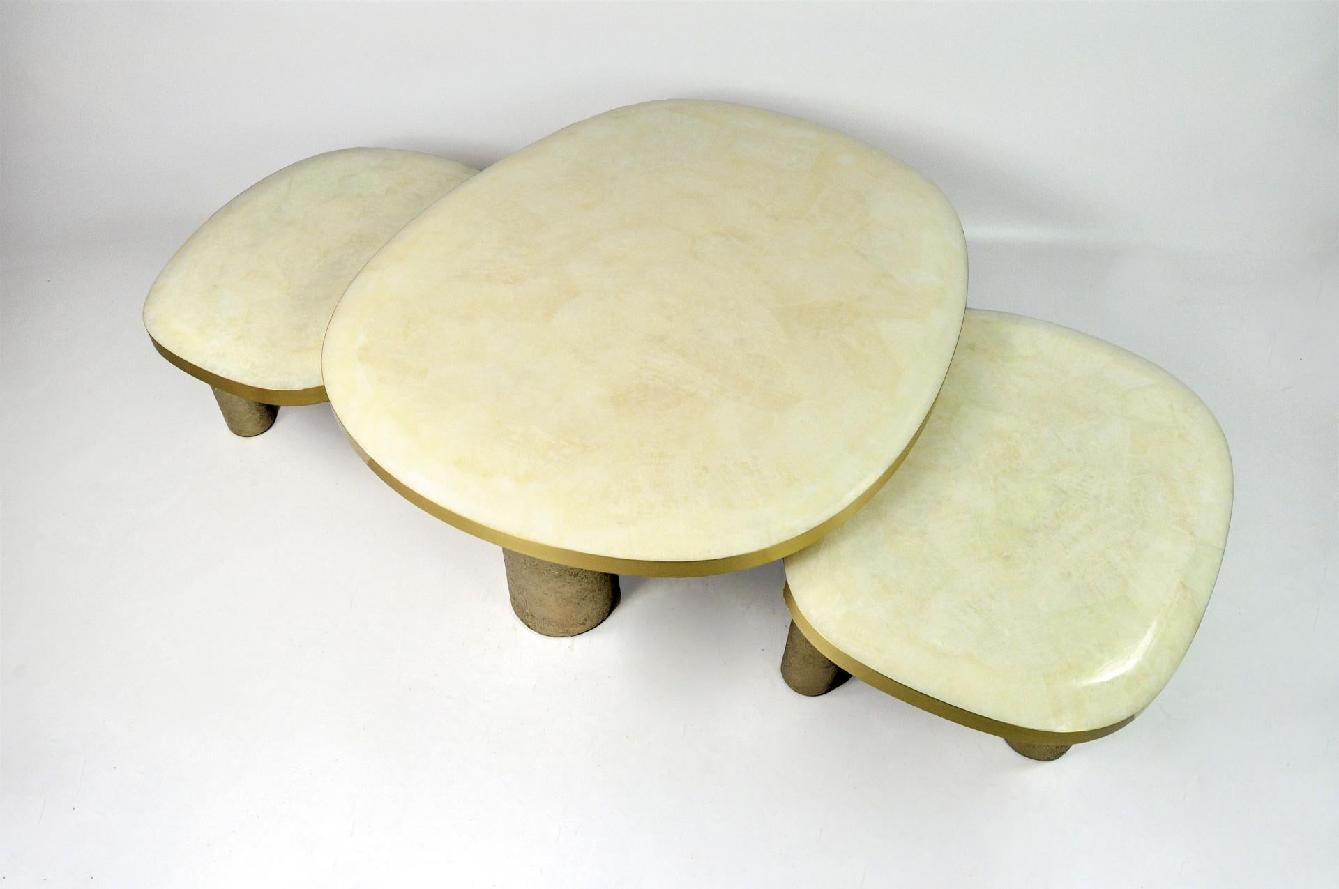 French Set of 3 Coffee Tables in Rock Crystal and Brass by Ginger Brown