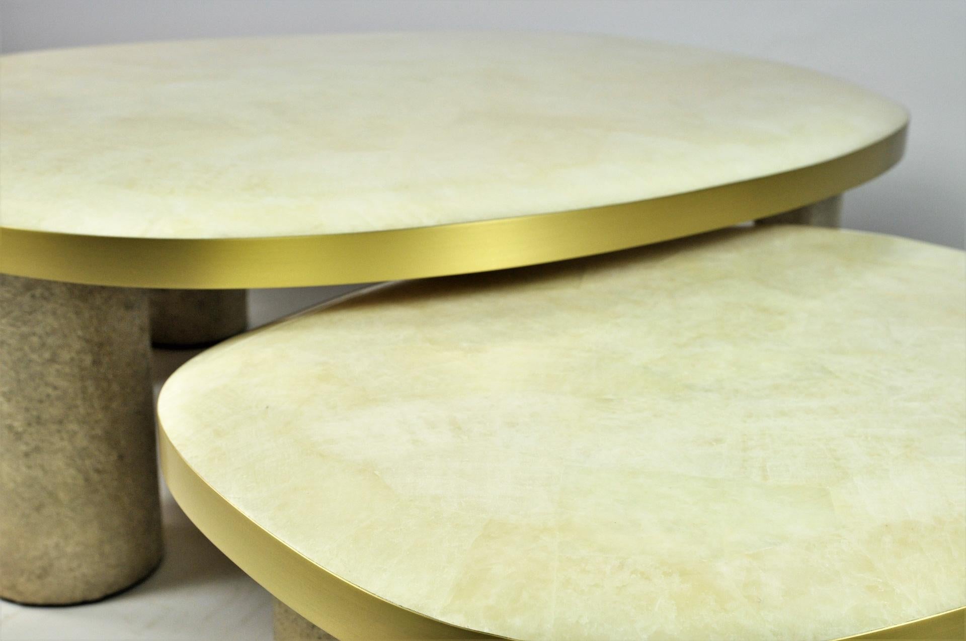 Hand-Crafted Set of 3 Coffee Tables in Rock Crystal and Brass by Ginger Brown