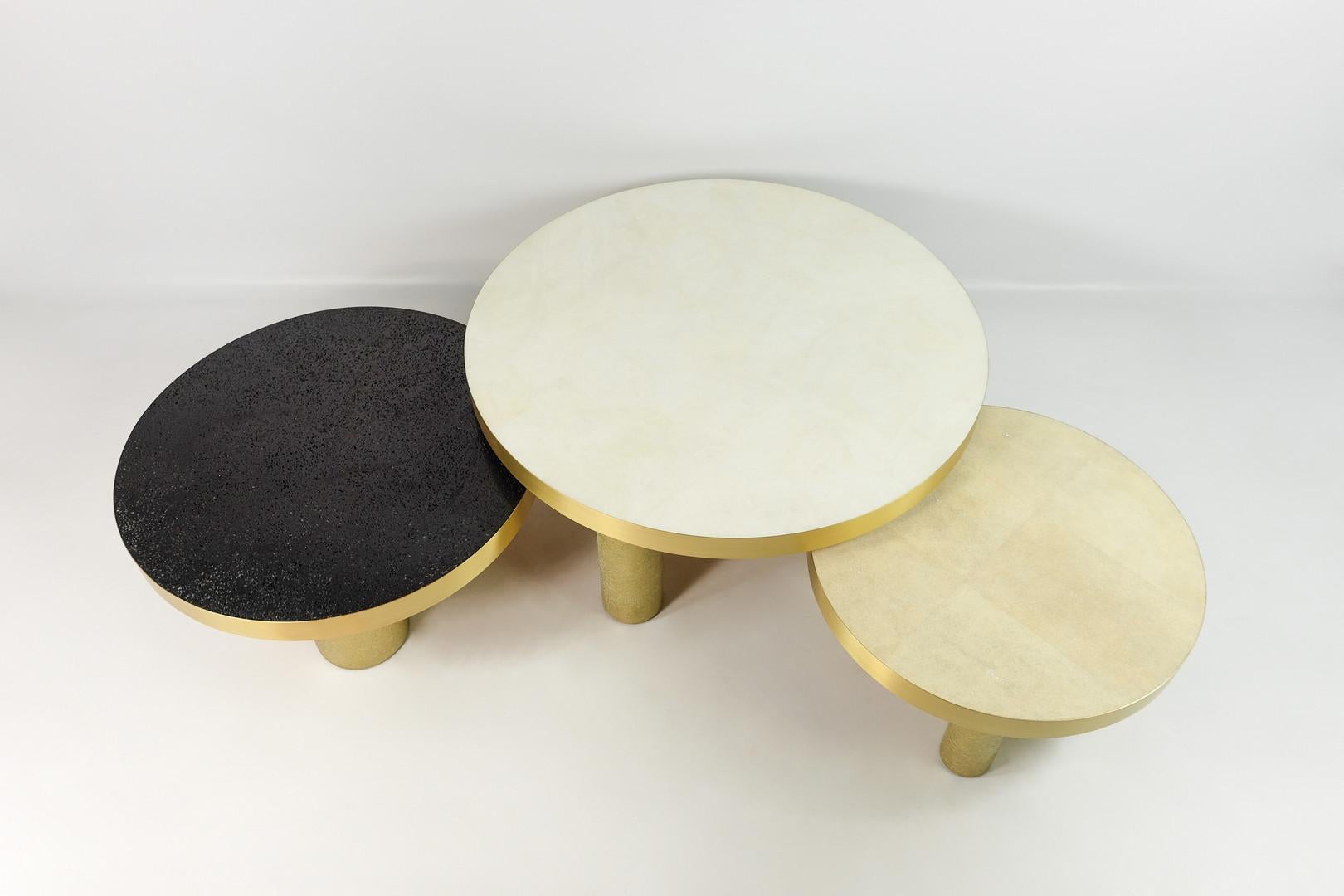 Modern Set of 3 Coffee Tables in Rock Crystal, Shagreen and Lava Stone by Ginger Brown