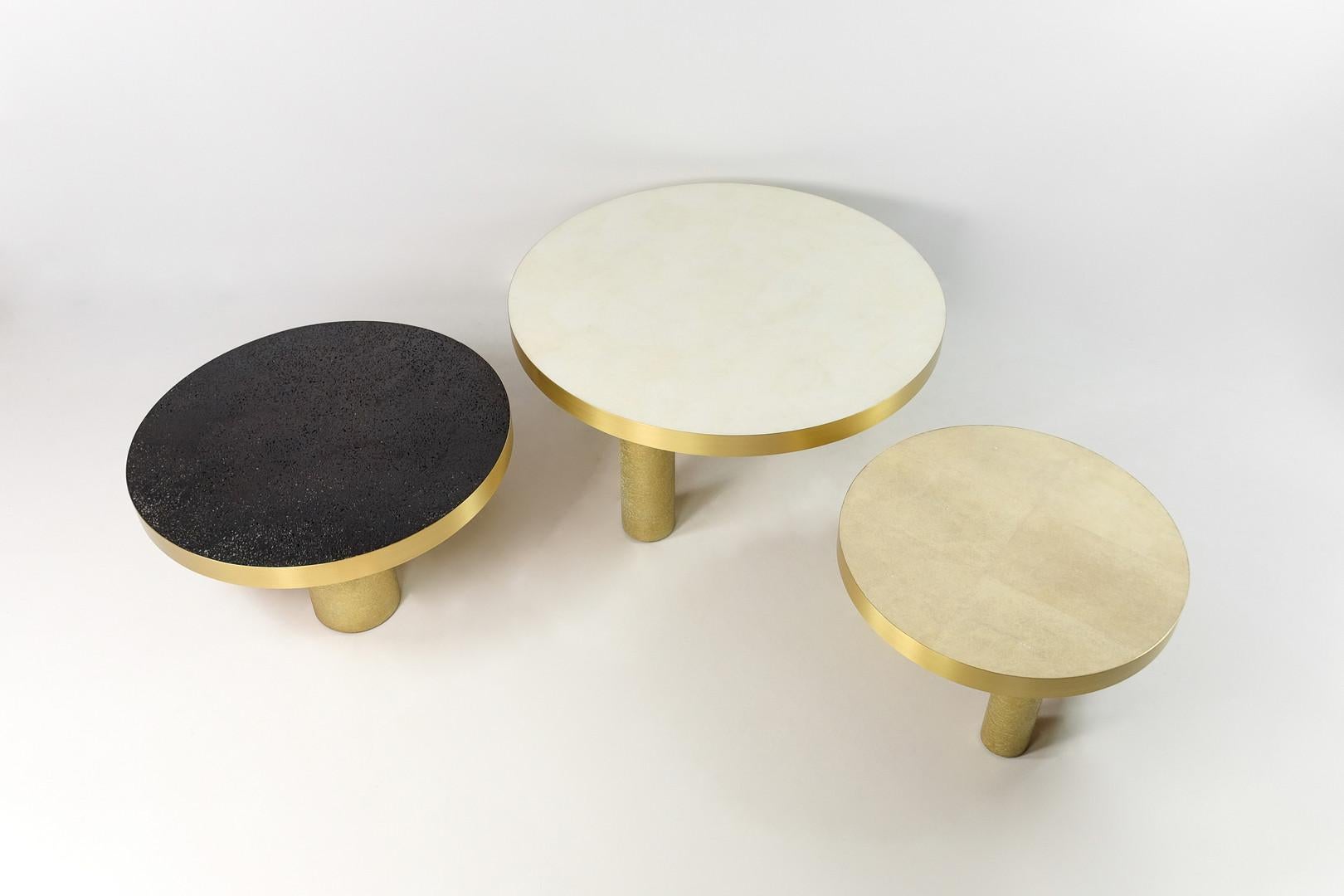 French Set of 3 Coffee Tables in Rock Crystal, Shagreen and Lava Stone by Ginger Brown