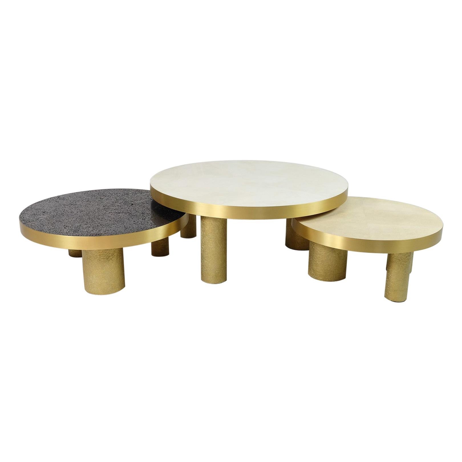 Set of 3 Coffee Tables in Rock Crystal, Shagreen and Lava Stone by Ginger Brown