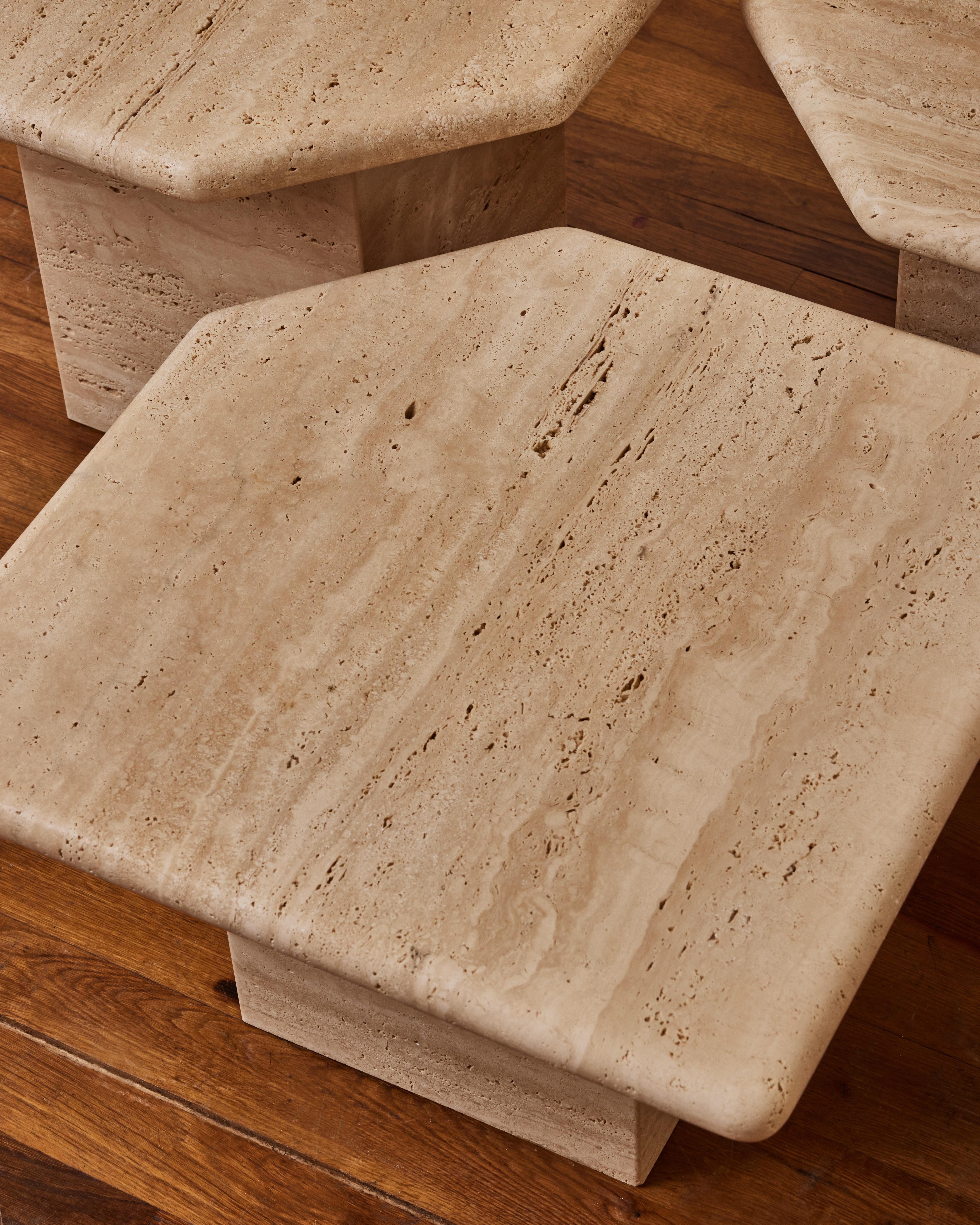 French Set of 3 Coffee Tables in Travertine Stone by Studio Glustin For Sale