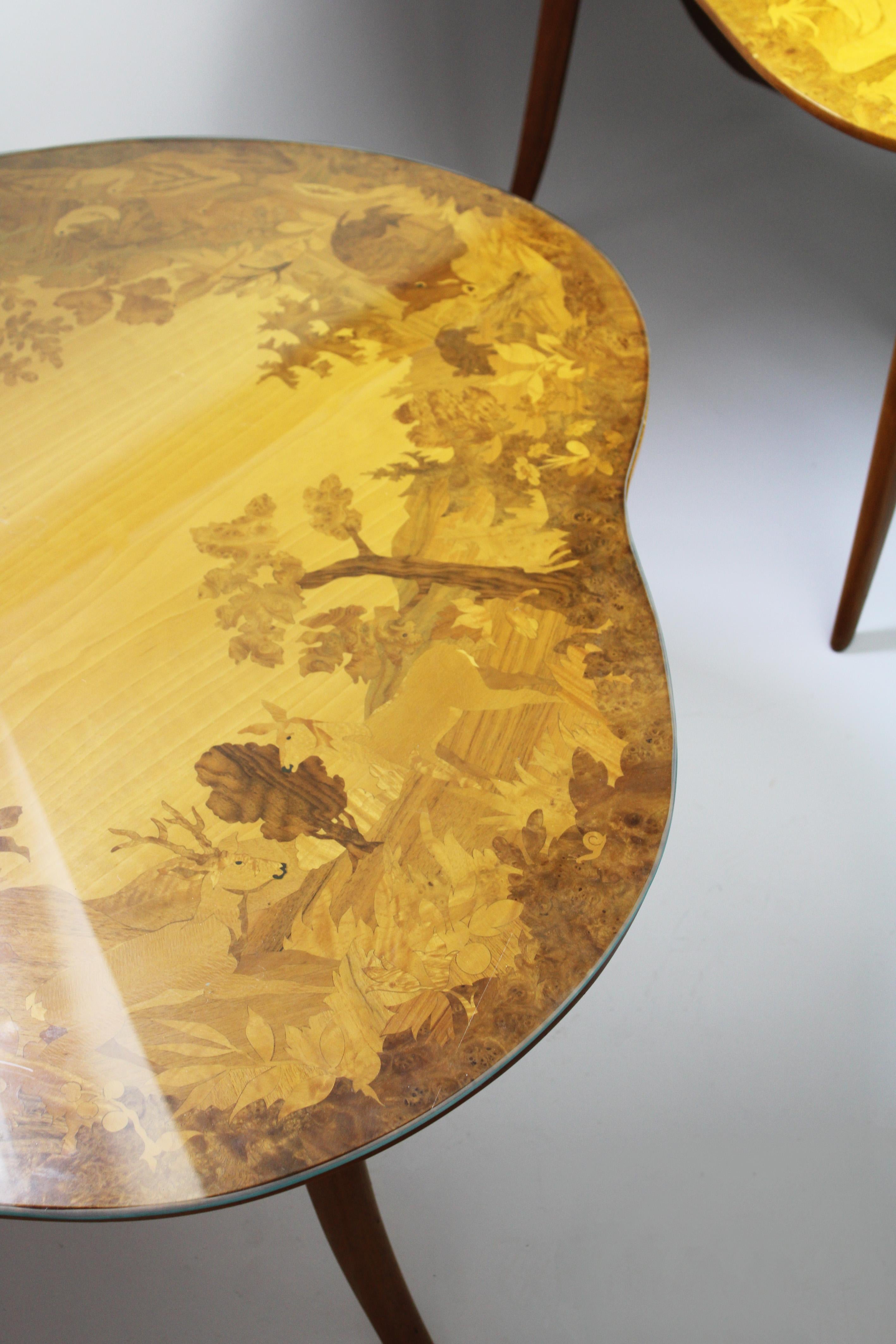 Set of 3 coffee Tables kidney shaped Marquetry Buchschmid & Gretaux Germany 1950 For Sale 4