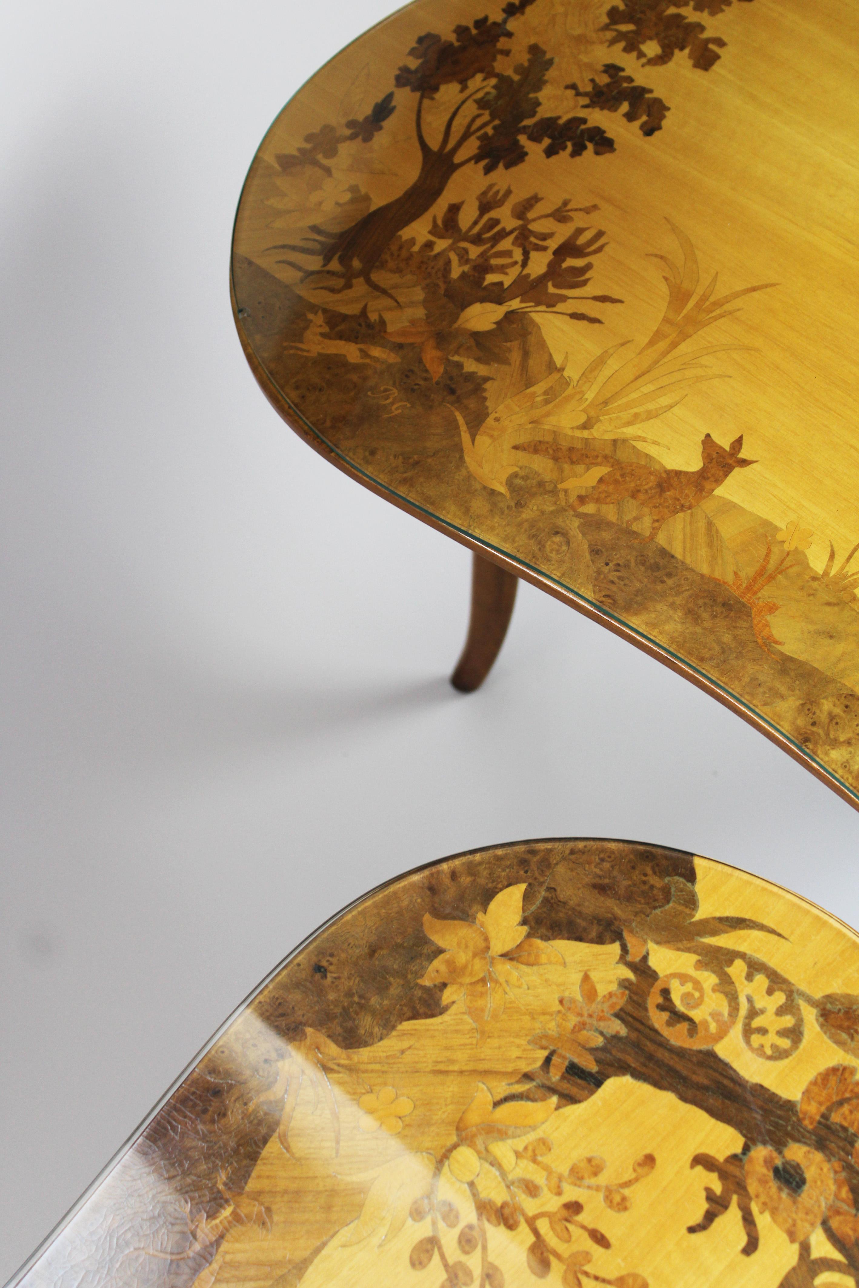 Set of 3 coffee Tables kidney shaped Marquetry Buchschmid & Gretaux Germany 1950 For Sale 6