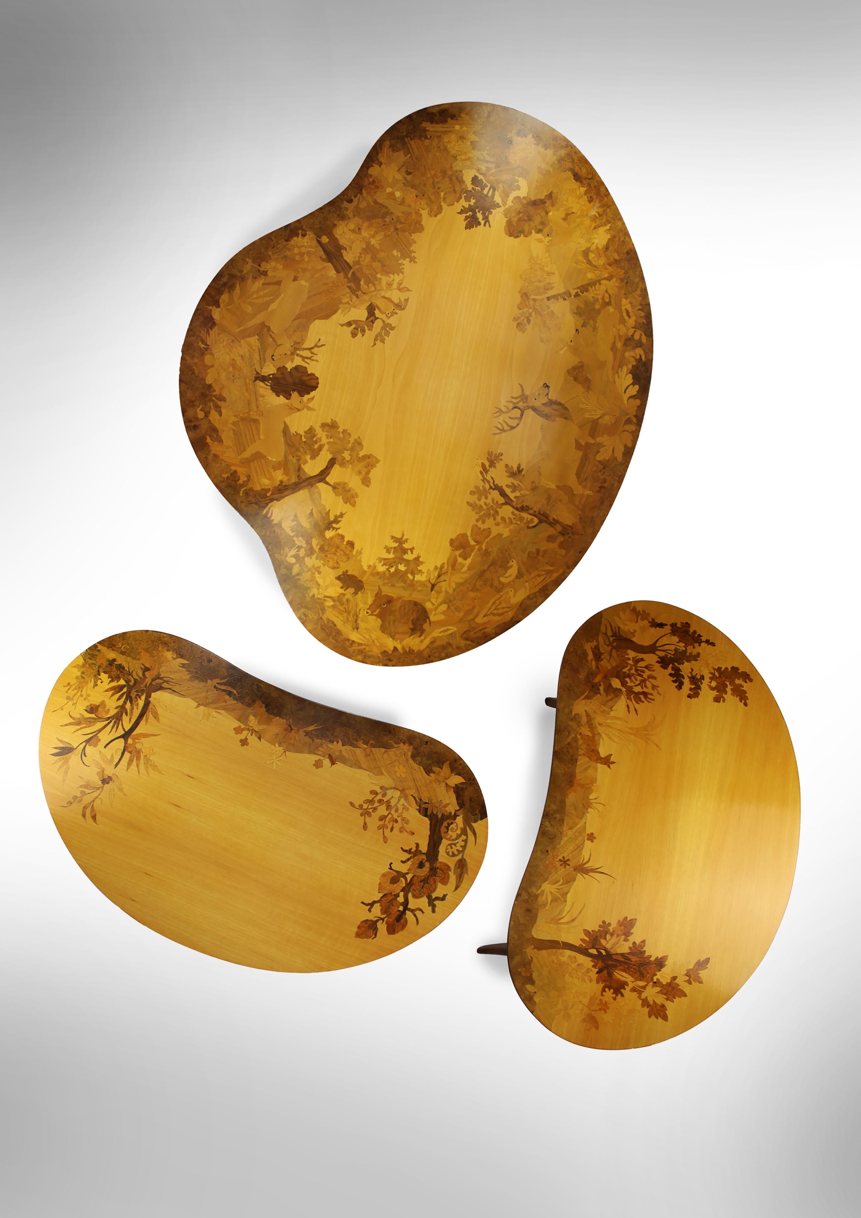 Mid-Century Modern Set of 3 coffee Tables kidney shaped Marquetry Buchschmid & Gretaux Germany 1950 For Sale
