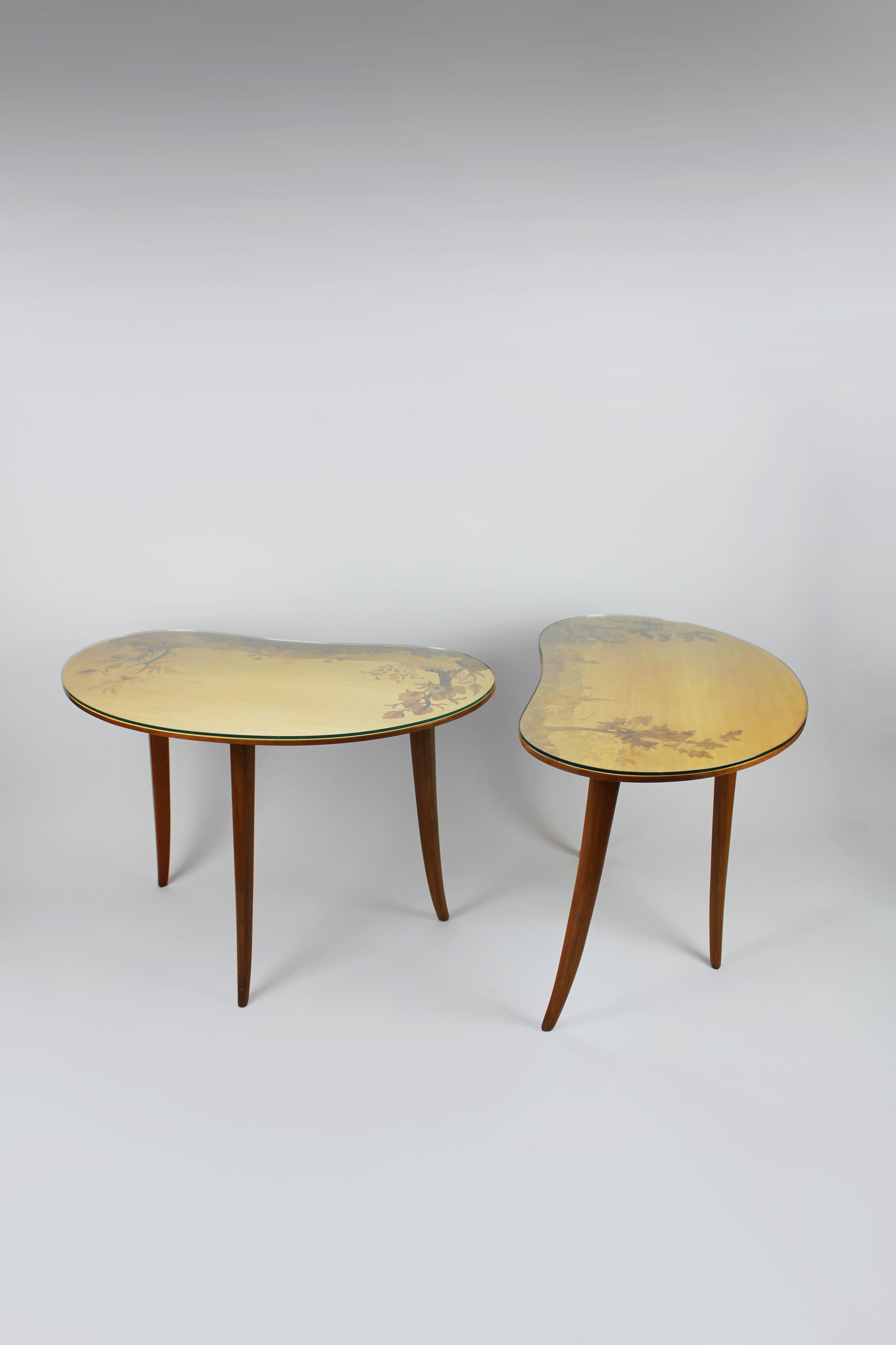Set of 3 coffee Tables kidney shaped Marquetry Buchschmid & Gretaux Germany 1950 For Sale 1