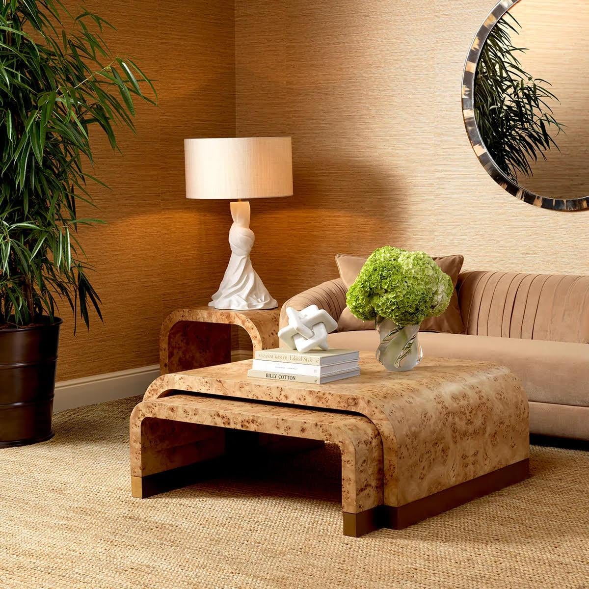 Set of 3 coffee tables, light brown burl veneer, antique brass finish.

Enhance your living space with this set of coffee tables.
Made from trendy light brown burl veneer, its elegant design is enhanced by the luxurious patinated brass finish.