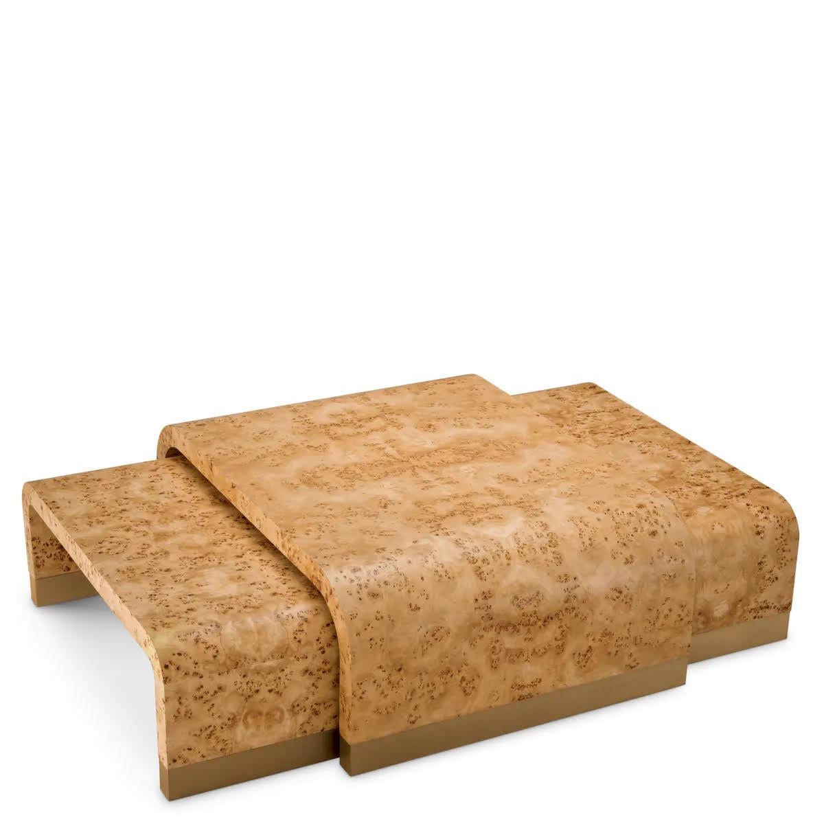 Modern Set of 3 Coffee Tables, Light Brown Burl Veneer, Antique Brass Finish. For Sale