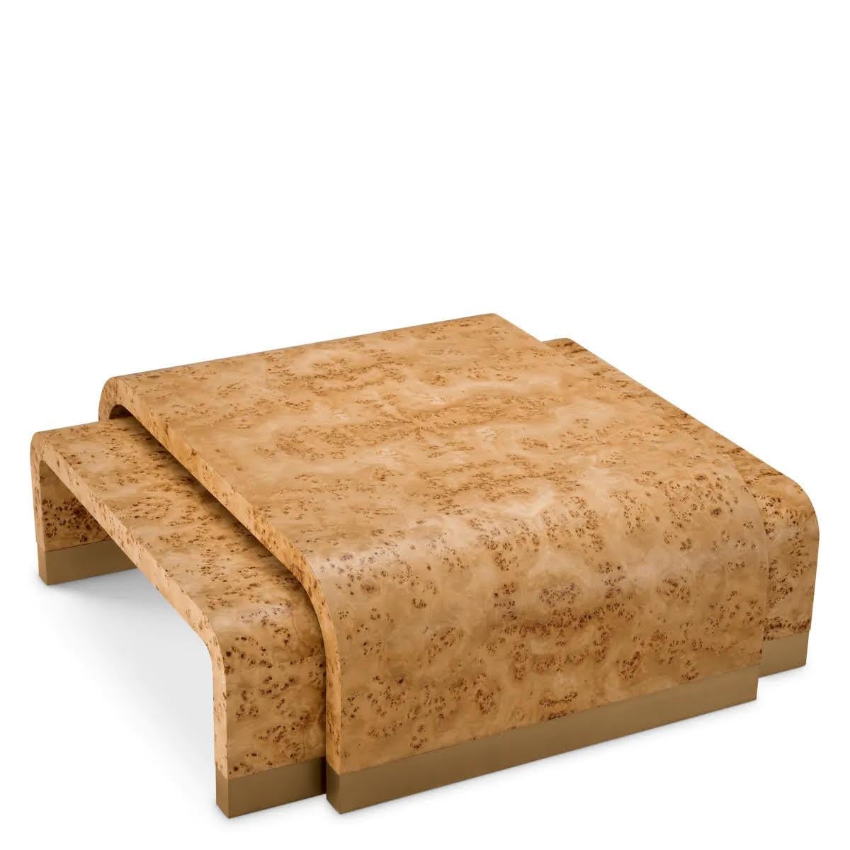 French Set of 3 Coffee Tables, Light Brown Burl Veneer, Antique Brass Finish. For Sale
