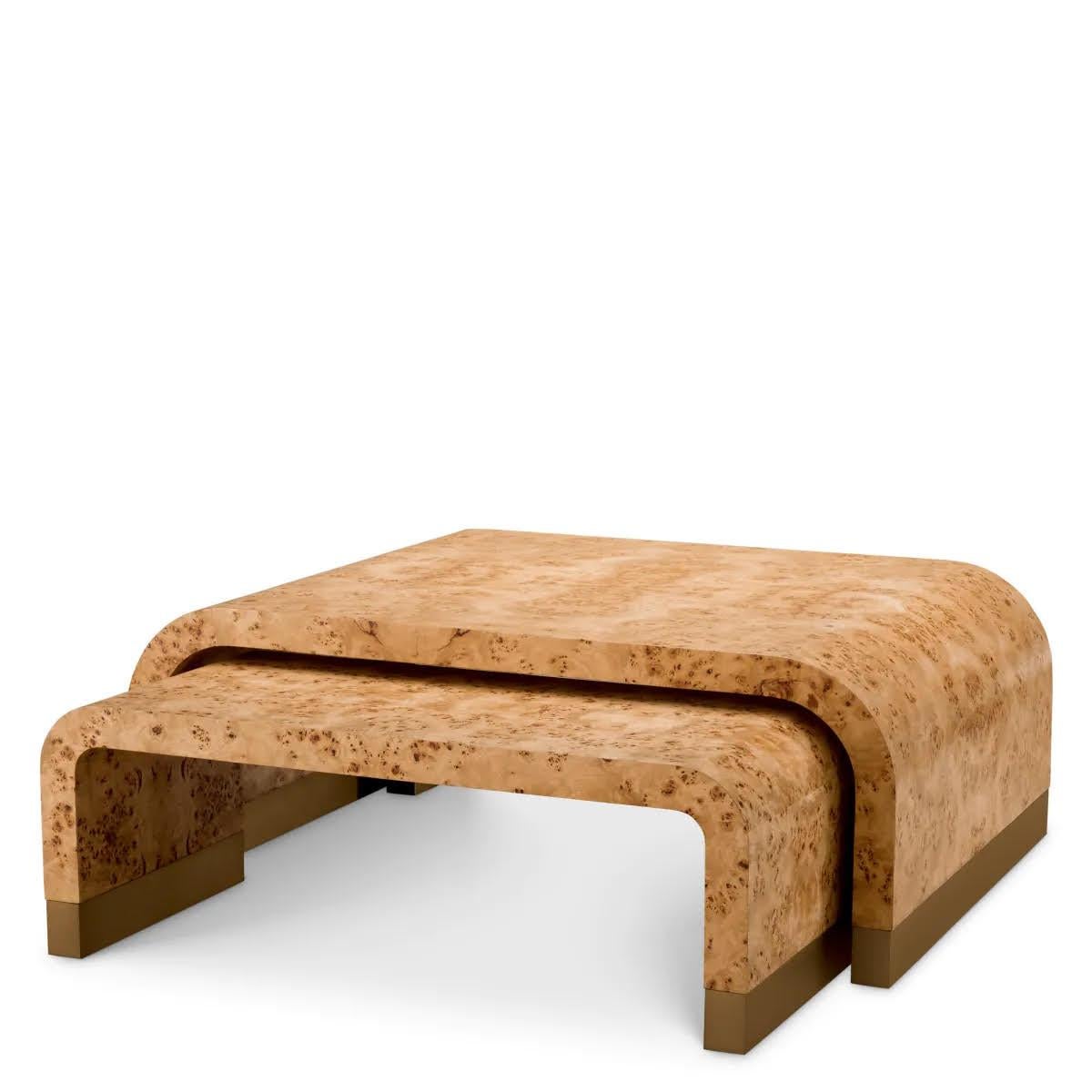 Contemporary Set of 3 Coffee Tables, Light Brown Burl Veneer, Antique Brass Finish. For Sale