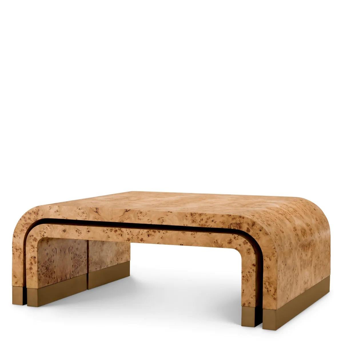 Set of 3 Coffee Tables, Light Brown Burl Veneer, Antique Brass Finish. For Sale 1