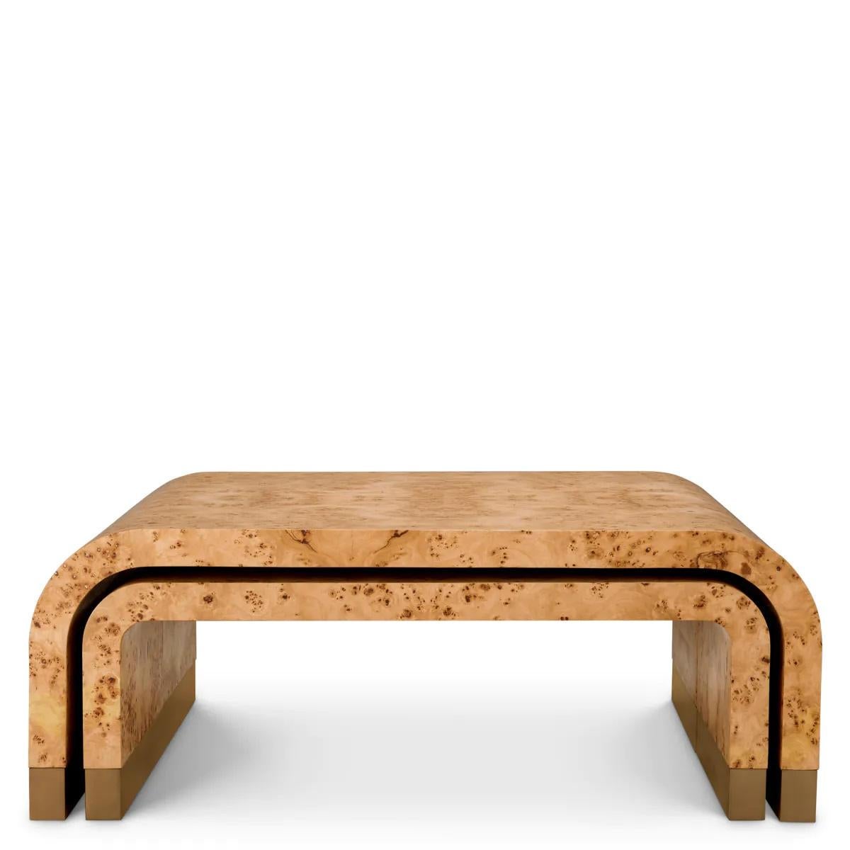 Set of 3 Coffee Tables, Light Brown Burl Veneer, Antique Brass Finish. For Sale 2