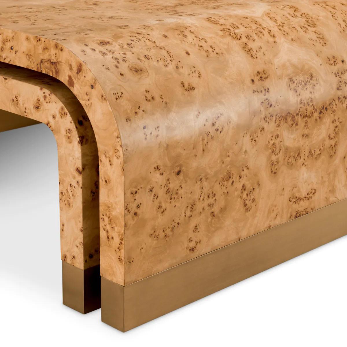 Set of 3 Coffee Tables, Light Brown Burl Veneer, Antique Brass Finish. For Sale 3