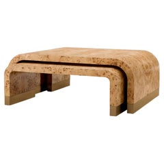 Set of 3 Coffee Tables, Light Brown Burl Veneer, Antique Brass Finish.