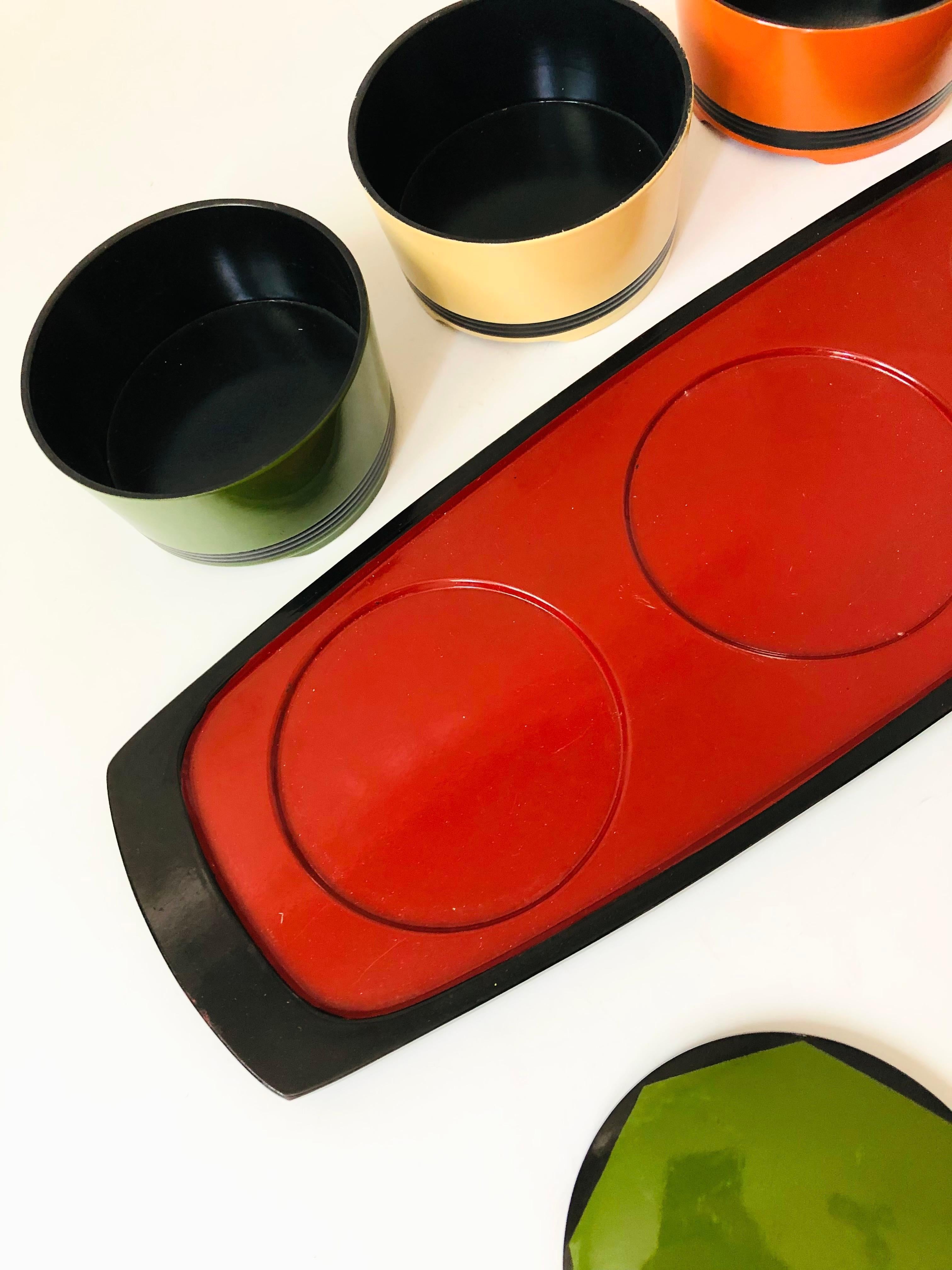 Plastic Set of 3 Colorful Japanese Lacquerware Boxes on Tray For Sale