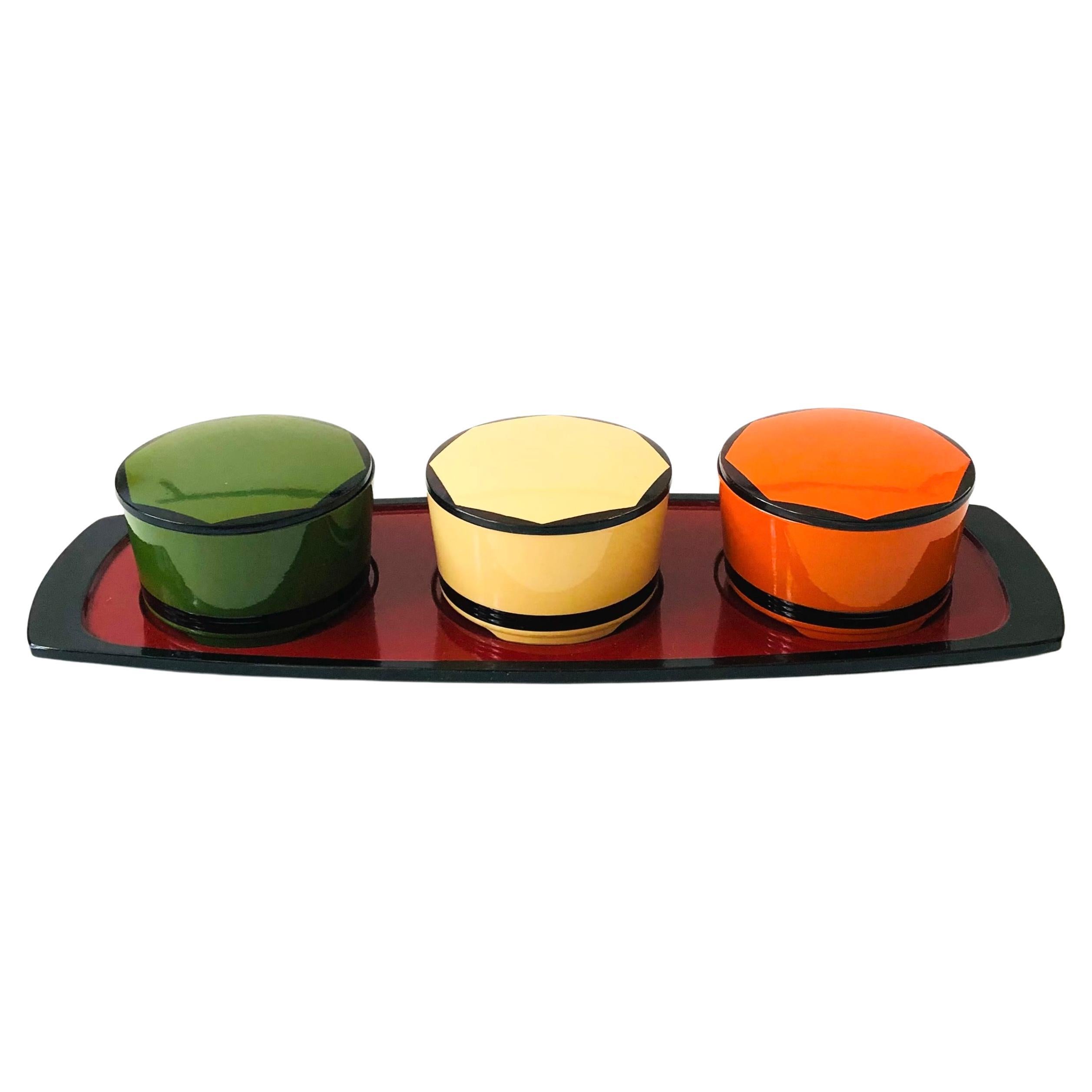 Set of 3 Colorful Japanese Lacquerware Boxes on Tray For Sale