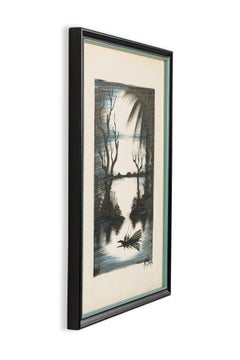 Set of 3 Contemporary Asian Framed Ink Drawings of a Fishing Village Scene