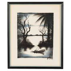 Set of 3 Contemporary Asian Framed Ink Drawings of a Fishing Village Scene