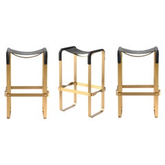 3er Set Contemporary Barhocker Altmessing Metall & Schwarzes Leder