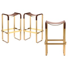 3er-Set Contemporary Barhocker Metall in Altmessing & Leder in Dunkelbraun