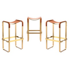 3er-Set Contemporary Barhocker Metall in Altmessing & Naturtabakleder