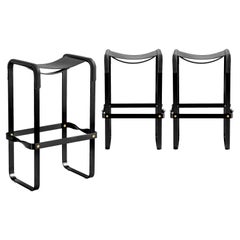 Set di 3 sgabelli da bar contemporanei in metallo nero fumé e pelle nera