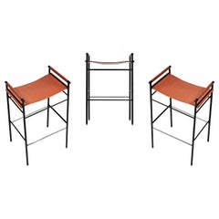 Set di 3 sgabelli da bar contemporanei in pelle naturale e gomma nera