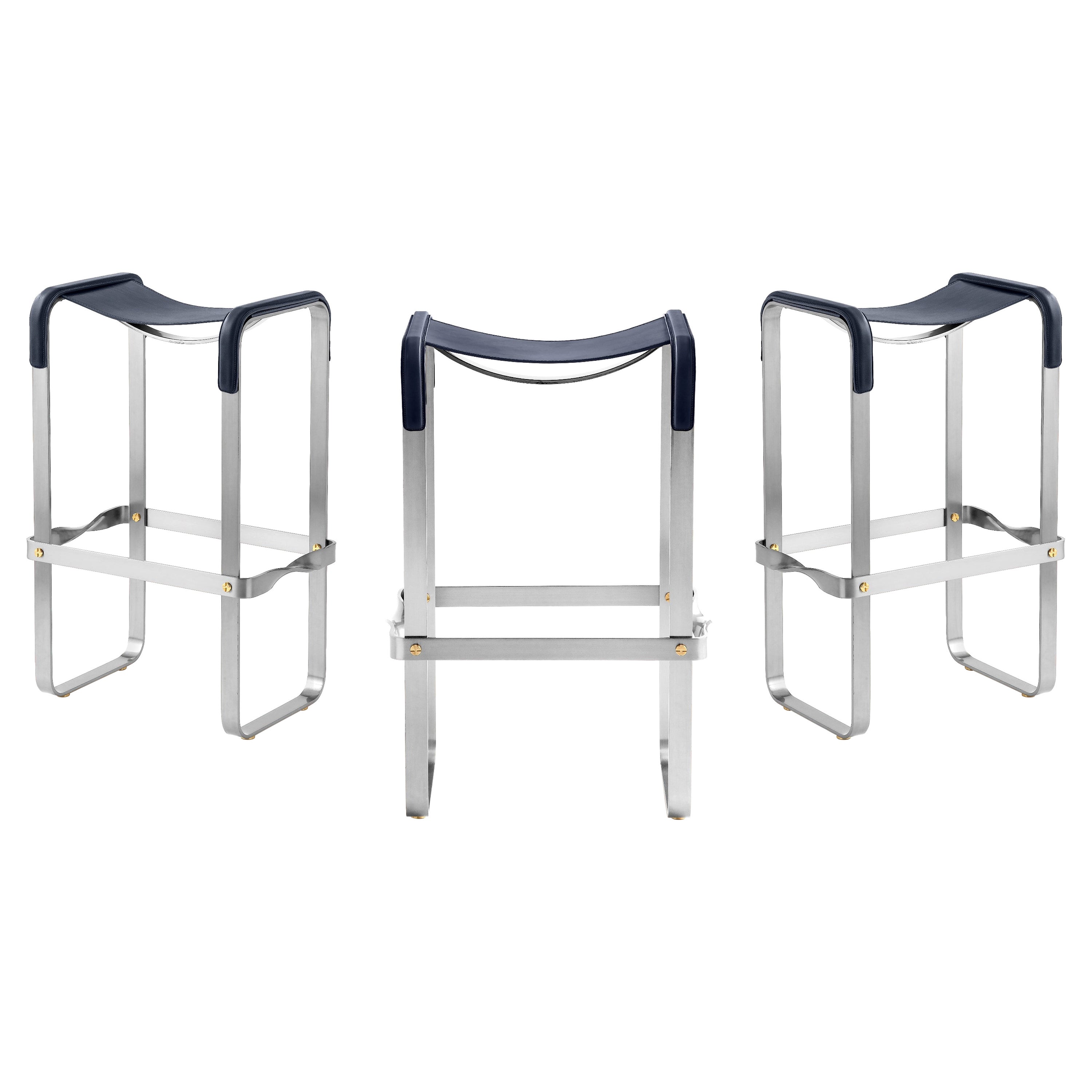 Set di 3 sgabelli da bar contemporanei in metallo anticato e pelle blu navy