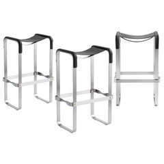 Set de 3 Contemporary  Tabouret de bar en acier Silver Age et cuir noir