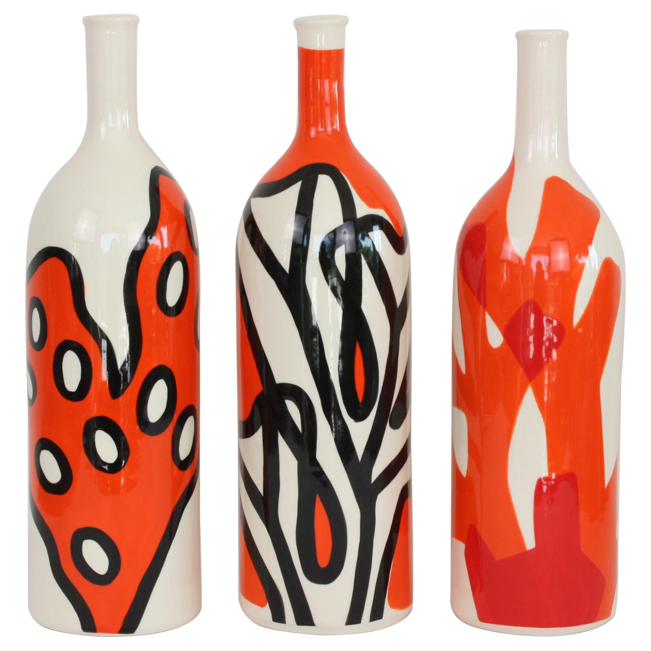 Set of 3 Contemporary Ceramic Bottles with Nautical Motifs, Corail