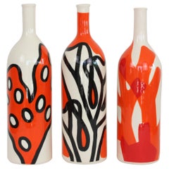 Set of 3 Contemporary Ceramic Bottles with Nautical Motifs, Corail